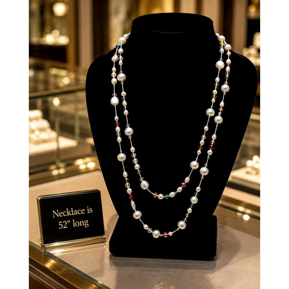 Vintage 52" Freshwater Pearl & Crystal Station Necklace